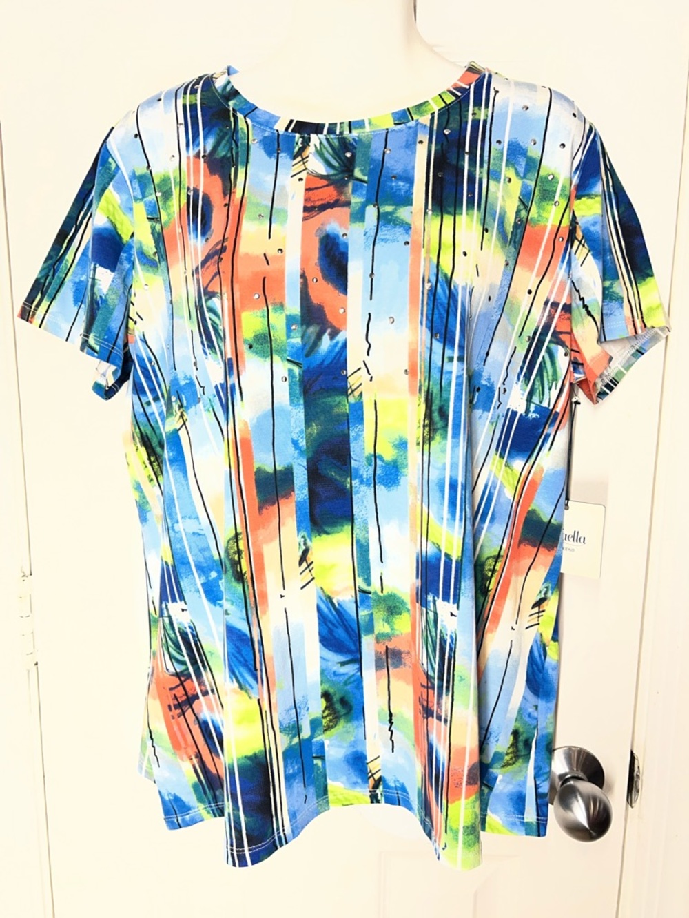 Rafaella Abstract Striped Short Sleeve Tee in Blue, Green & Coral